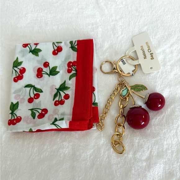 Natasha Couture Accessories - Natasha Couture Cherry Print Scarf and Bag Charm Set - Red and Gold